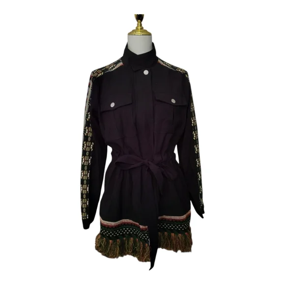 Drôle de Copine Paris Black Belted Military Jacket Coat L Embroidered Trim Fring - Picture 1 of 9